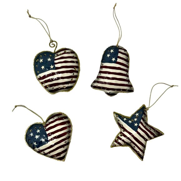 Patriotic Metal Christmas Ornaments - Set of 4 - Bell, Apple, Heart & Star paint - Picture 1 of 4